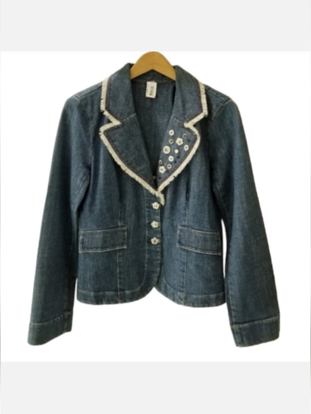 Notch Collar Denim Blazer Jacket Blue/White Fringe Sz M NWT Cottagecore Classic